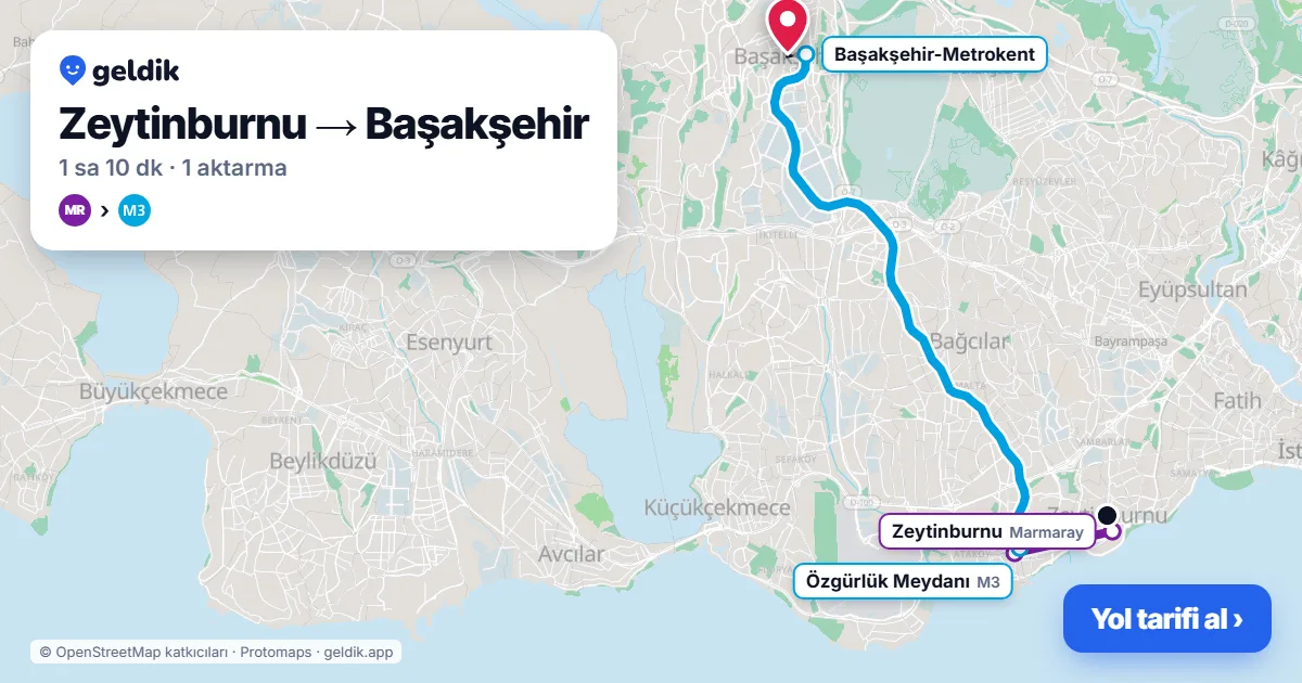 Zeytinburnu – Başakşehir yol haritası: Marmaray → M3 ile ~1 sa 10 dk