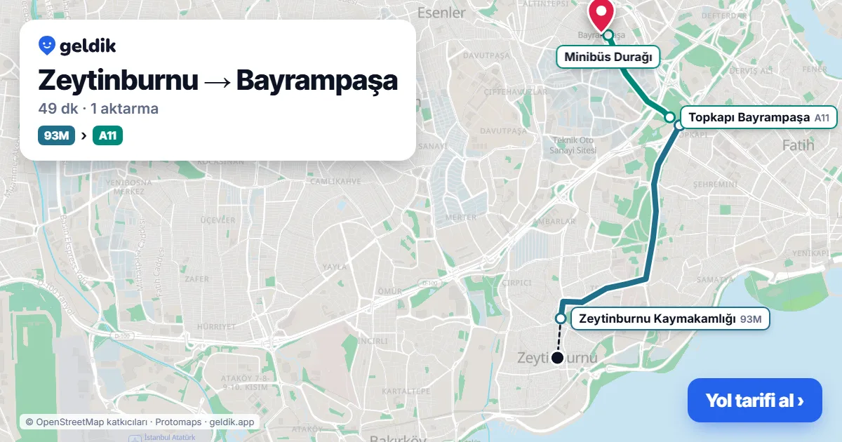 Zeytinburnu – Bayrampaşa yol haritası: 93M otobüsü → A11 minibüsü ile ~46 dk