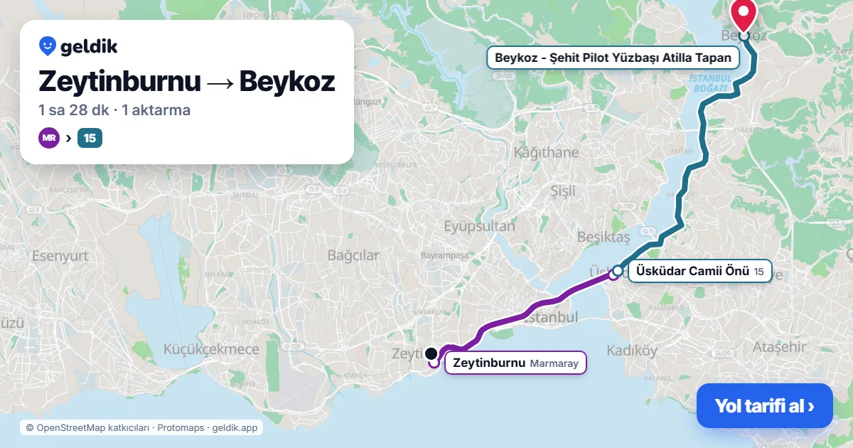 Zeytinburnu – Beykoz yol haritası: Marmaray → 15 otobüsü ile ~1 sa 28 dk
