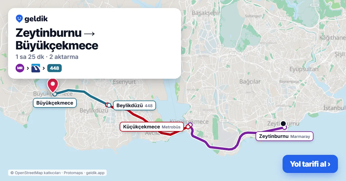 Zeytinburnu – Büyükçekmece yol haritası: Marmaray → Metrobüs → 448 otobüsü ile ~1 sa 23 dk