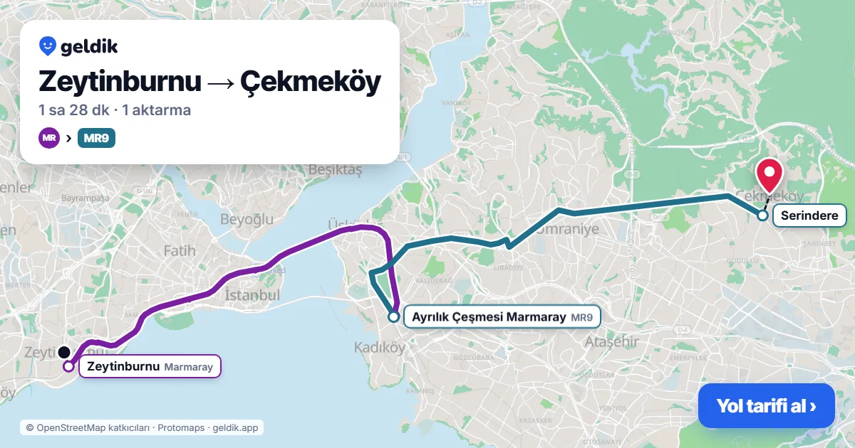 Zeytinburnu – Çekmeköy yol haritası: Marmaray → MR9 otobüsü ile ~1 sa 28 dk