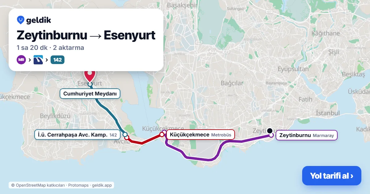 Zeytinburnu – Esenyurt yol haritası: Marmaray → Metrobüs → 142 otobüsü ile ~1 sa 20 dk