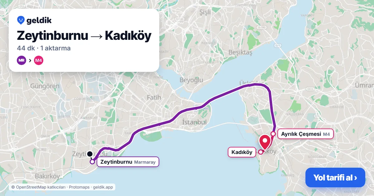 Zeytinburnu – Kadıköy yol haritası: Marmaray → M4 ile ~44 dk