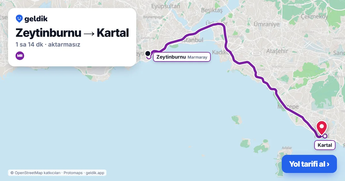 Zeytinburnu – Kartal yol haritası: Marmaray ile ~1 sa 14 dk