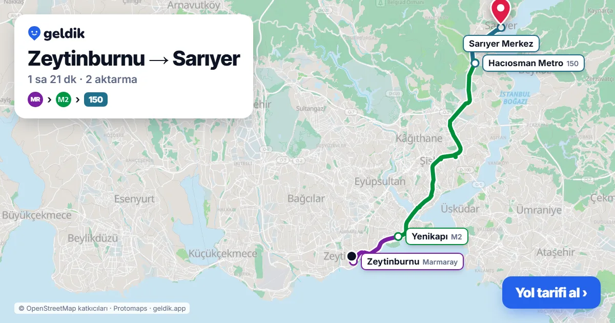 Zeytinburnu – Sarıyer yol haritası: Marmaray → M2 → 150 otobüsü ile ~1 sa 21 dk