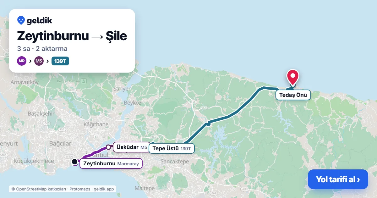 Zeytinburnu – Şile yol haritası: Marmaray → M5 → 139T otobüsü ile ~3 sa