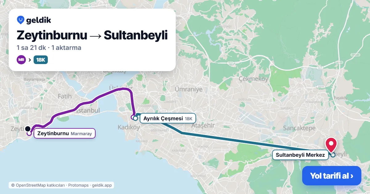 Zeytinburnu – Sultanbeyli yol haritası: Marmaray → 18K otobüsü ile ~1 sa 21 dk