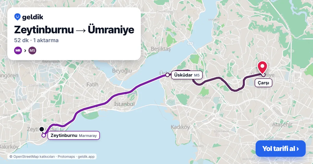 Zeytinburnu – Ümraniye yol haritası: Marmaray → M5 ile ~52 dk