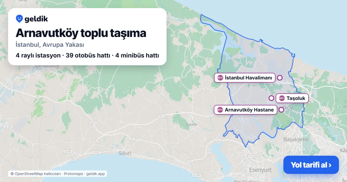 Arnavutköy toplu taşıma haritası: ilçe sınırı, raylı sistem istasyonları ve duraklar