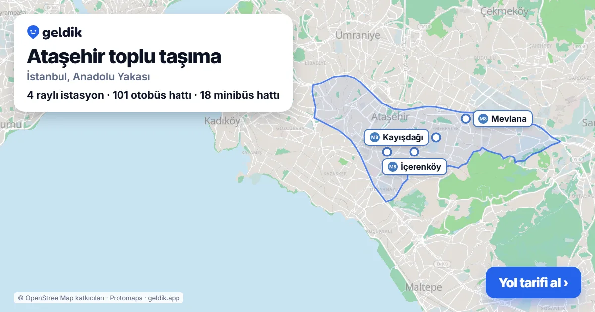 Ataşehir toplu taşıma haritası: ilçe sınırı, raylı sistem istasyonları ve duraklar