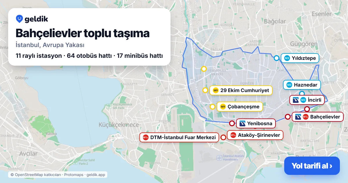 Bahçelievler toplu taşıma haritası: ilçe sınırı, raylı sistem istasyonları ve duraklar