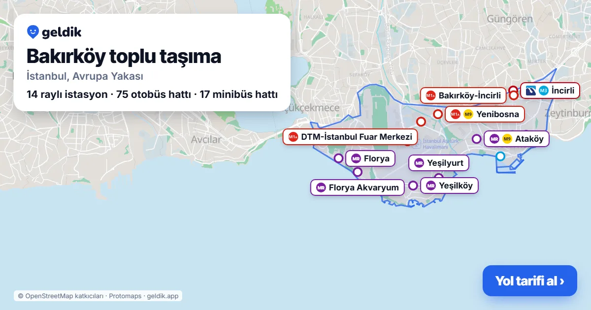 Bakırköy toplu taşıma haritası: ilçe sınırı, raylı sistem istasyonları ve duraklar