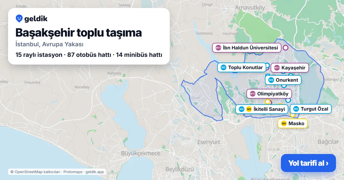 Başakşehir toplu taşıma haritası: ilçe sınırı, raylı sistem istasyonları ve duraklar