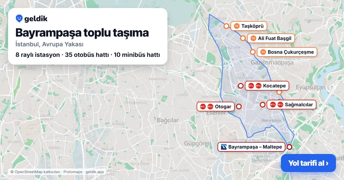 Bayrampaşa toplu taşıma haritası: ilçe sınırı, raylı sistem istasyonları ve duraklar