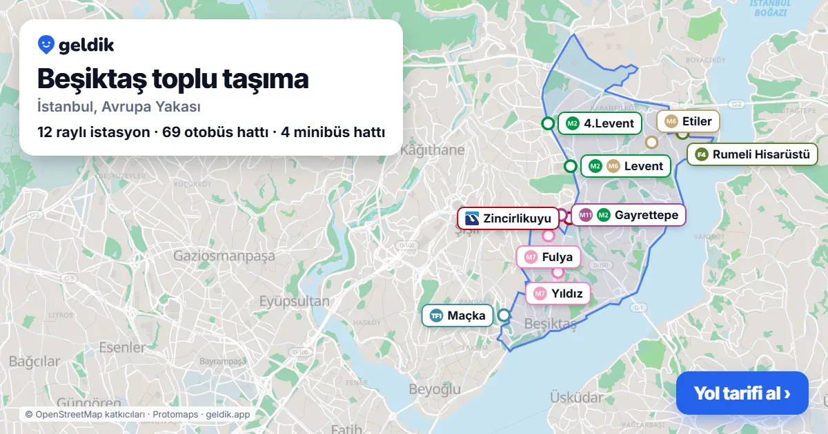 Beşiktaş toplu taşıma haritası: ilçe sınırı, raylı sistem istasyonları ve duraklar