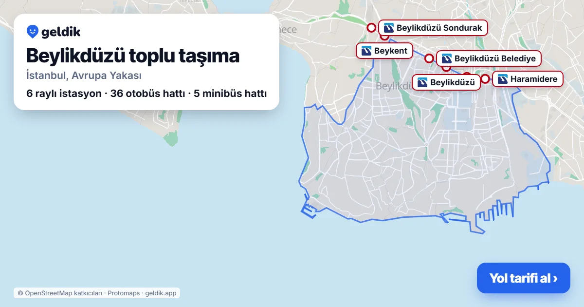 Beylikdüzü toplu taşıma haritası: ilçe sınırı, raylı sistem istasyonları ve duraklar