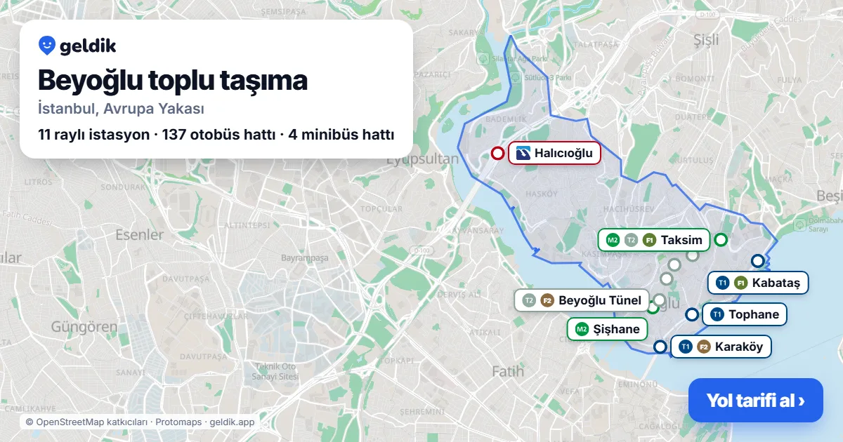 Beyoğlu toplu taşıma haritası: ilçe sınırı, raylı sistem istasyonları ve duraklar
