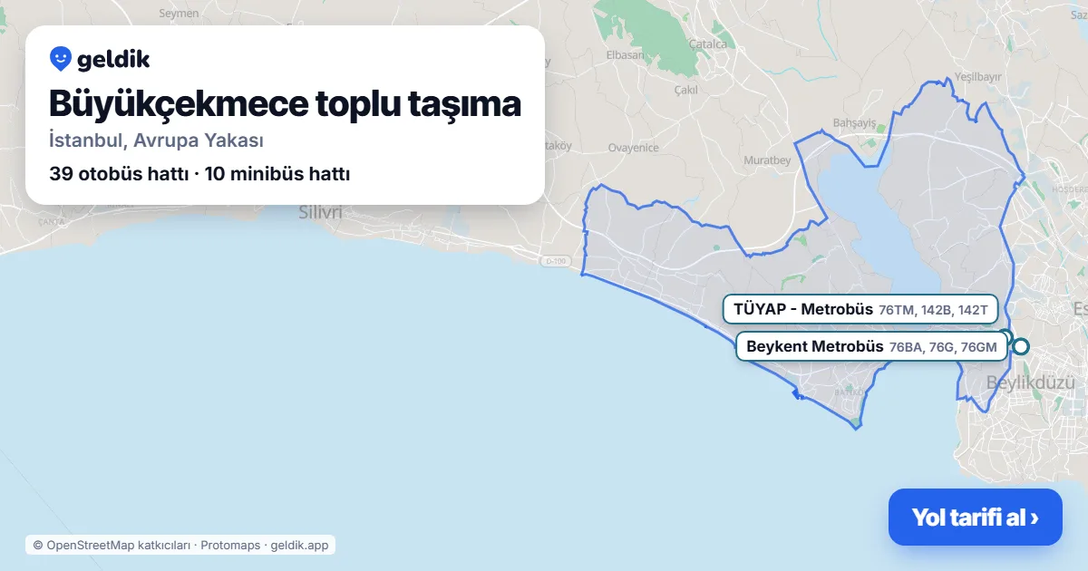 Büyükçekmece toplu taşıma haritası: ilçe sınırı, raylı sistem istasyonları ve duraklar