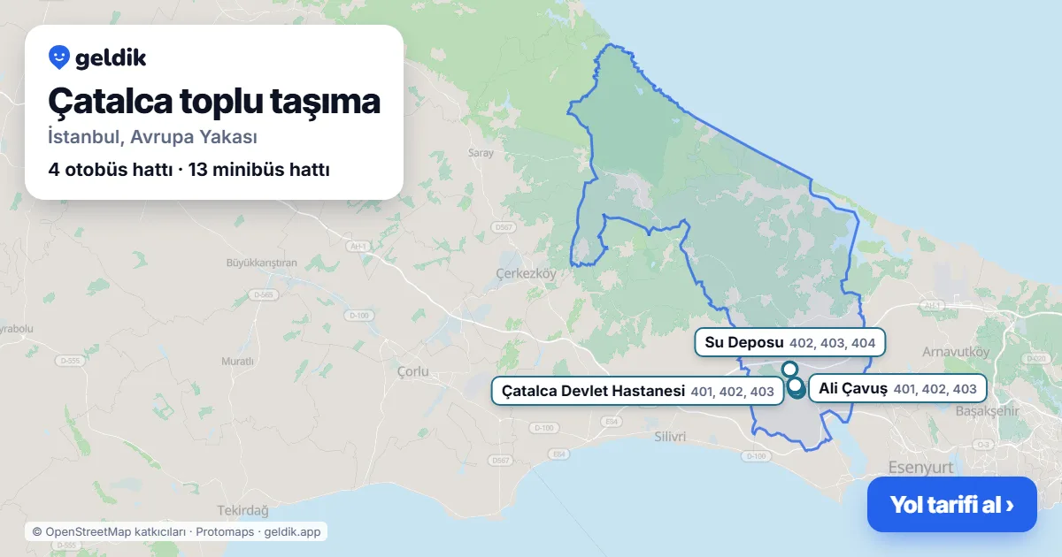 Çatalca toplu taşıma haritası: ilçe sınırı, raylı sistem istasyonları ve duraklar