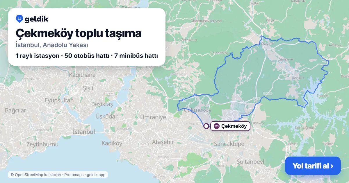 Çekmeköy toplu taşıma haritası: ilçe sınırı, raylı sistem istasyonları ve duraklar