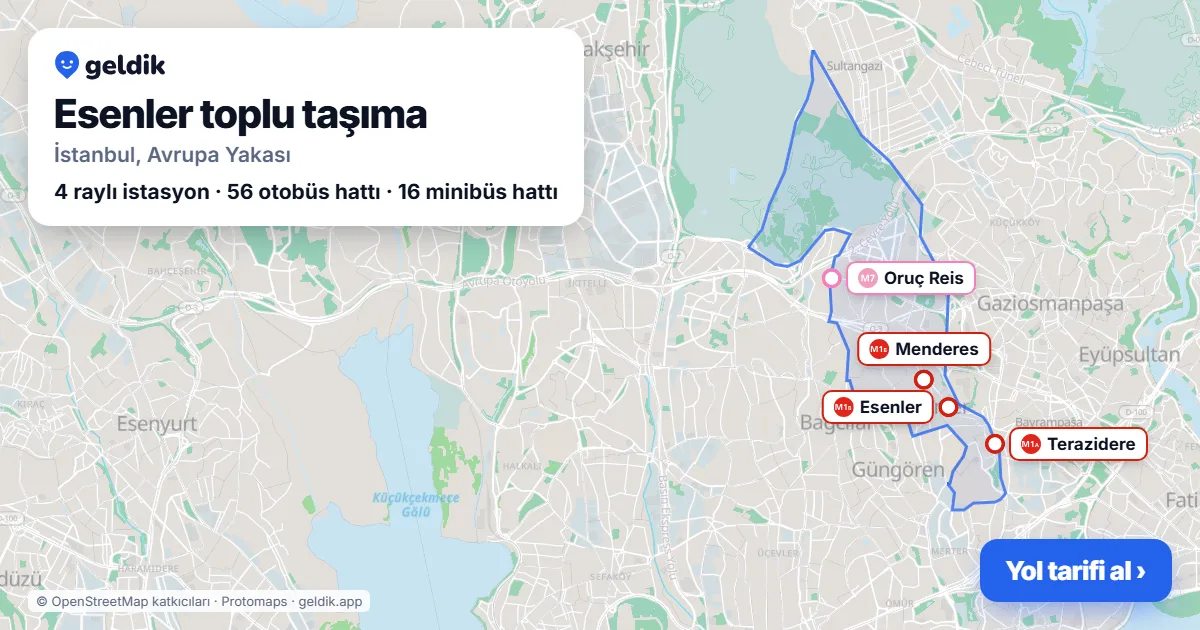 Esenler toplu taşıma haritası: ilçe sınırı, raylı sistem istasyonları ve duraklar