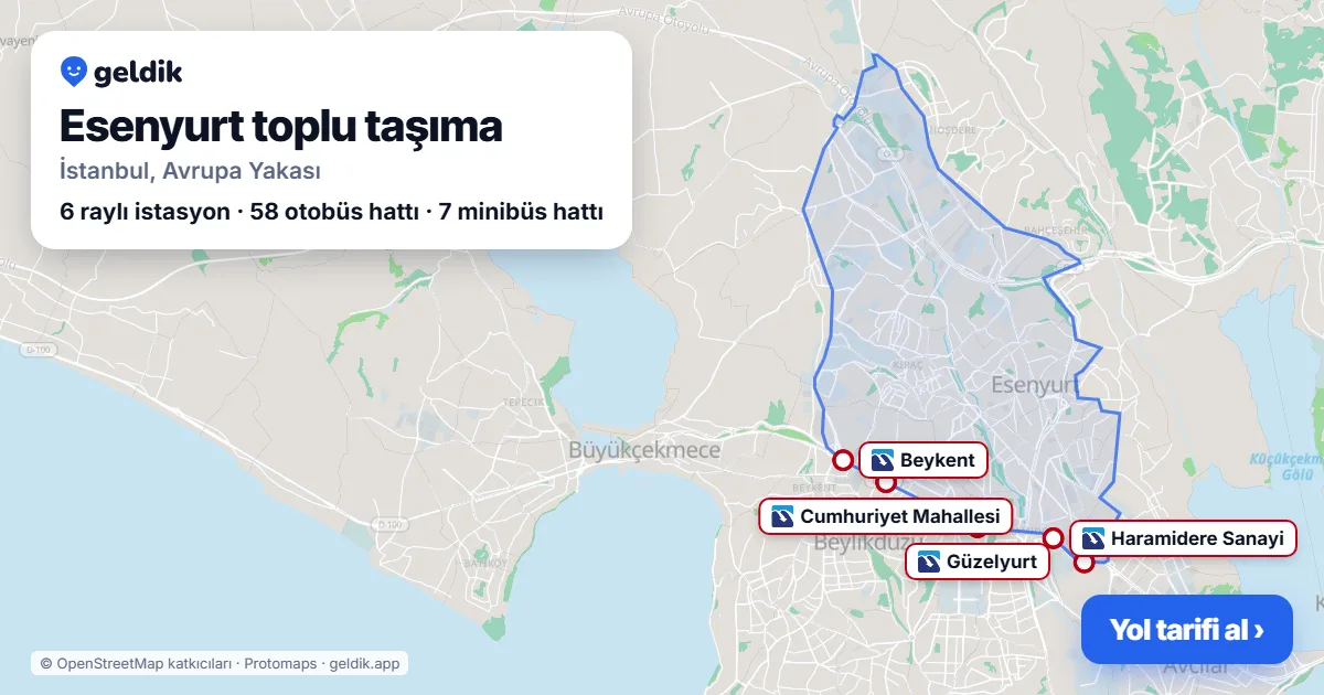 Esenyurt toplu taşıma haritası: ilçe sınırı, raylı sistem istasyonları ve duraklar