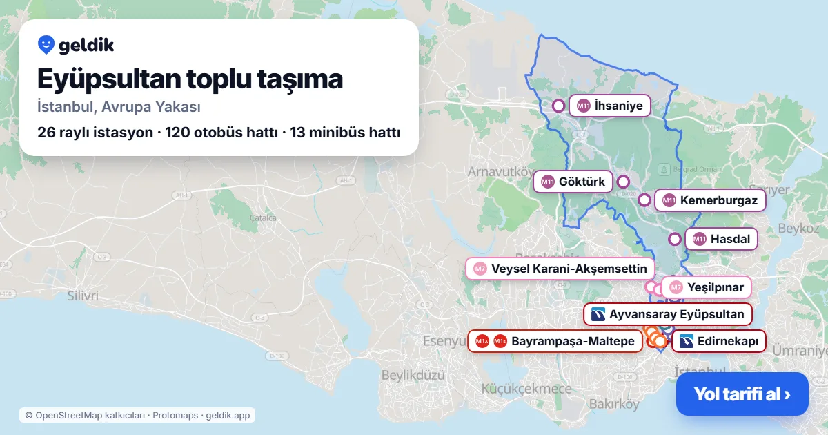 Eyüpsultan toplu taşıma haritası: ilçe sınırı, raylı sistem istasyonları ve duraklar