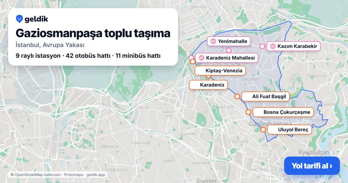 Gaziosmanpaşa public transport map: district boundary, rail stations and stops