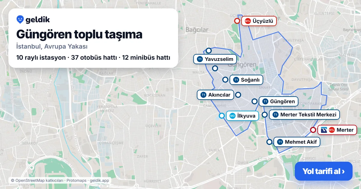 Güngören toplu taşıma haritası: ilçe sınırı, raylı sistem istasyonları ve duraklar