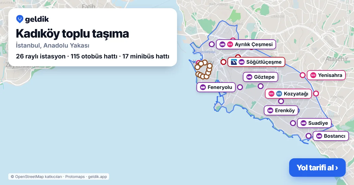 Kadıköy toplu taşıma haritası: ilçe sınırı, raylı sistem istasyonları ve duraklar