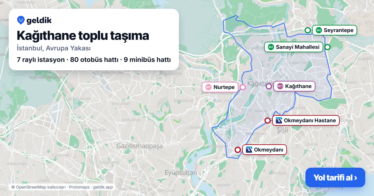 Kağıthane toplu taşıma haritası: ilçe sınırı, raylı sistem istasyonları ve duraklar