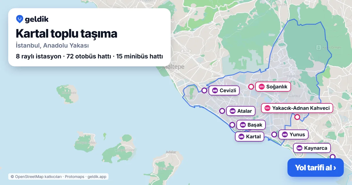 Kartal toplu taşıma haritası: ilçe sınırı, raylı sistem istasyonları ve duraklar