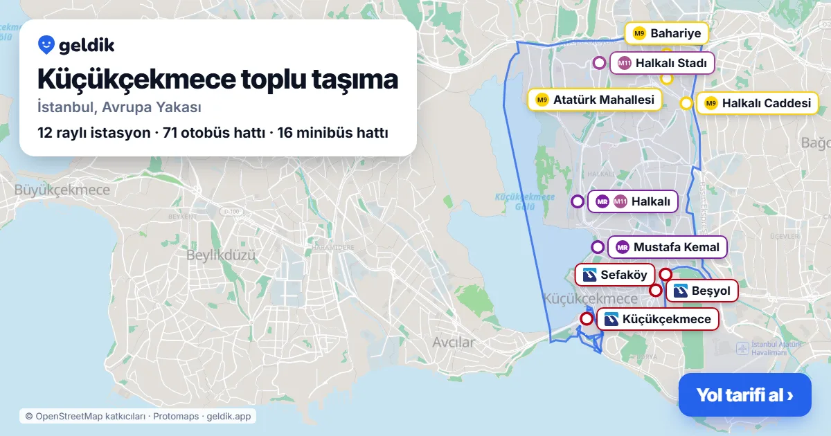 Küçükçekmece toplu taşıma haritası: ilçe sınırı, raylı sistem istasyonları ve duraklar
