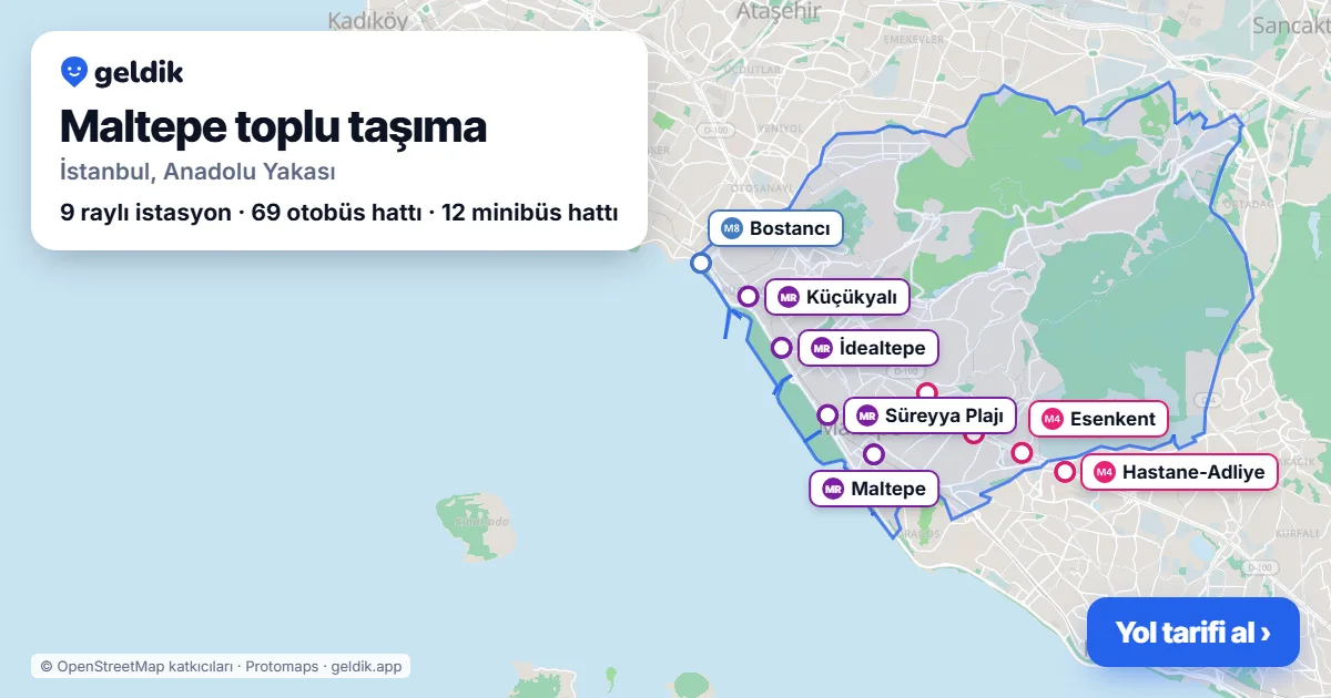 Maltepe toplu taşıma haritası: ilçe sınırı, raylı sistem istasyonları ve duraklar