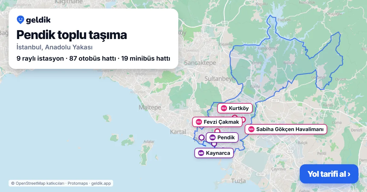 Pendik toplu taşıma haritası: ilçe sınırı, raylı sistem istasyonları ve duraklar