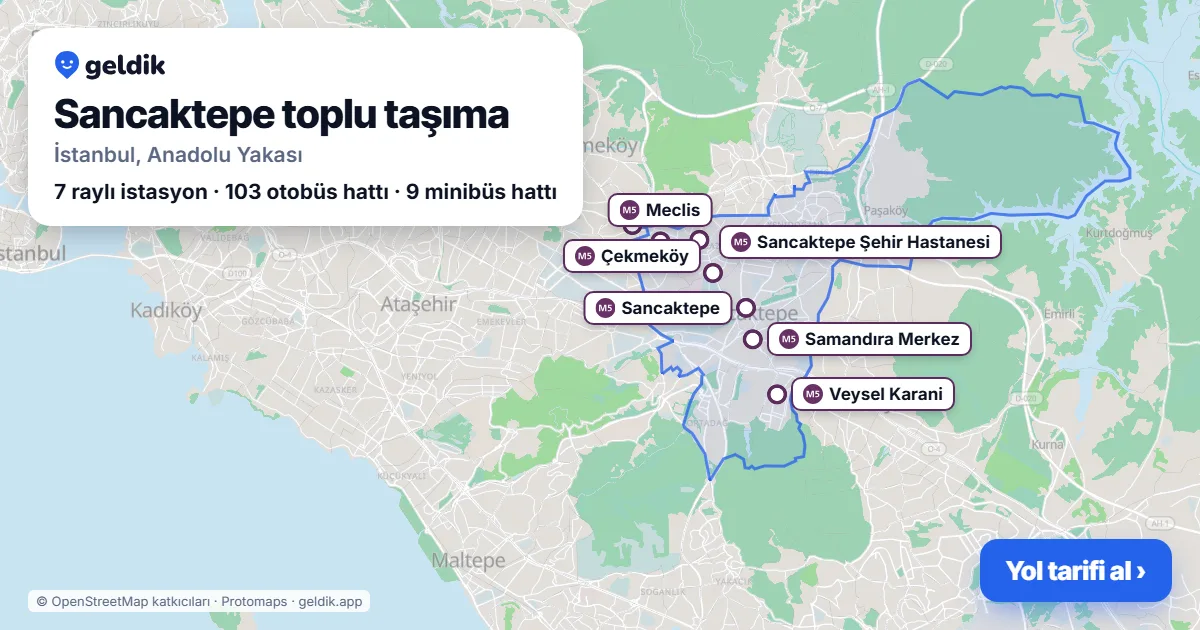 Sancaktepe toplu taşıma haritası: ilçe sınırı, raylı sistem istasyonları ve duraklar