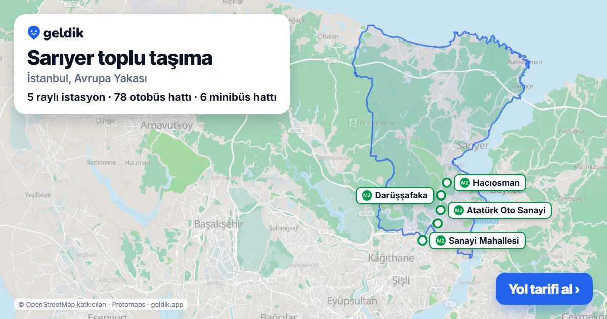Sarıyer toplu taşıma haritası: ilçe sınırı, raylı sistem istasyonları ve duraklar