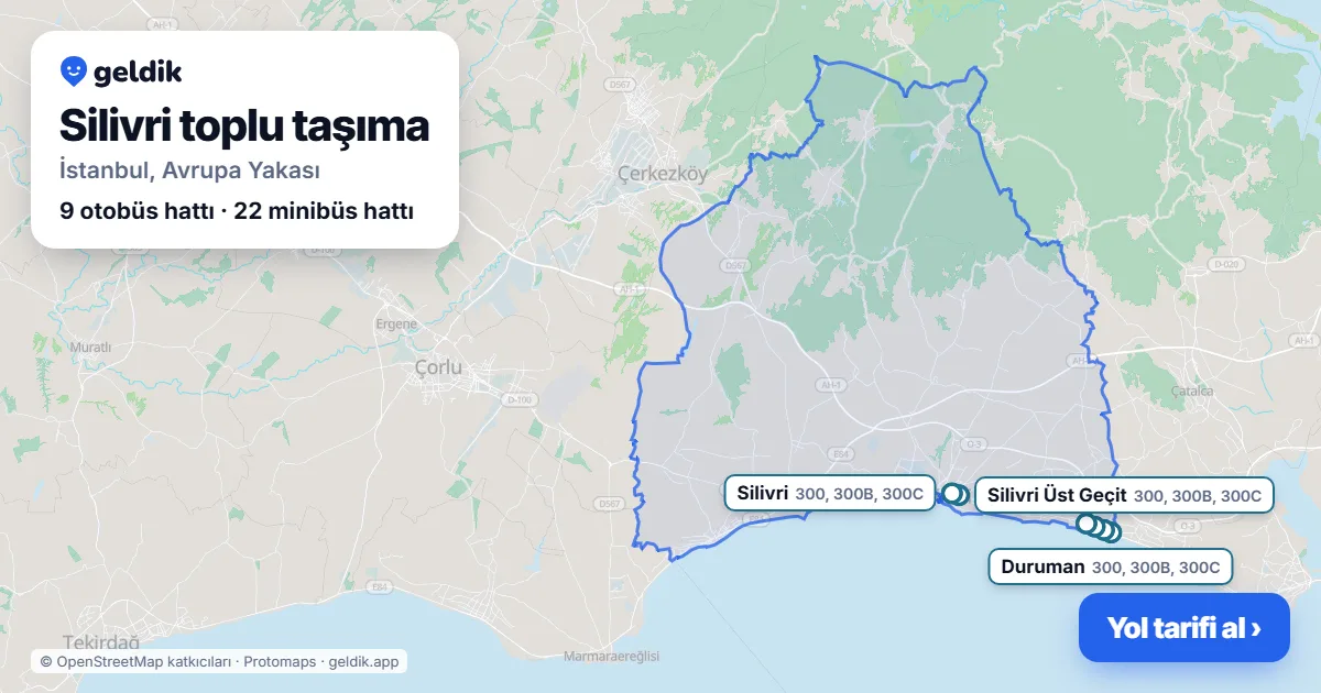 Silivri toplu taşıma haritası: ilçe sınırı, raylı sistem istasyonları ve duraklar