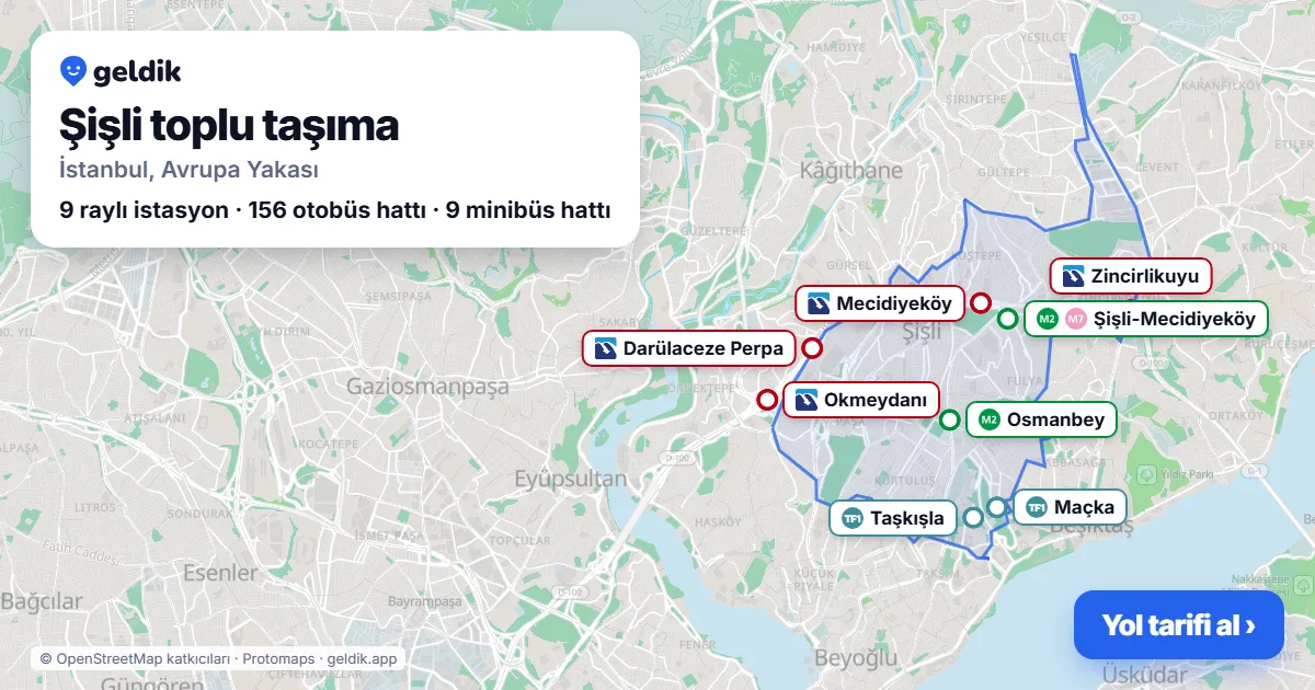 Şişli toplu taşıma haritası: ilçe sınırı, raylı sistem istasyonları ve duraklar