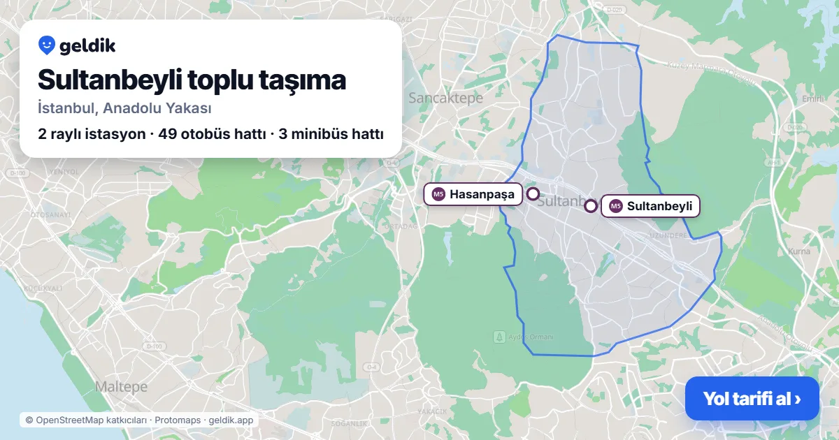 Sultanbeyli toplu taşıma haritası: ilçe sınırı, raylı sistem istasyonları ve duraklar