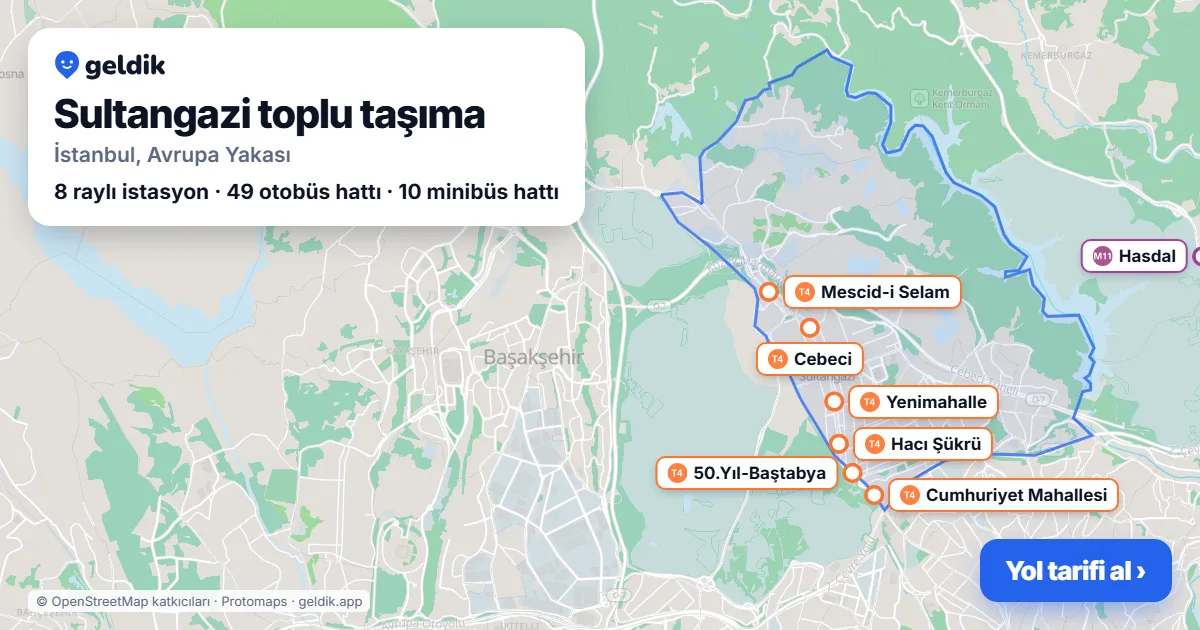 Sultangazi toplu taşıma haritası: ilçe sınırı, raylı sistem istasyonları ve duraklar