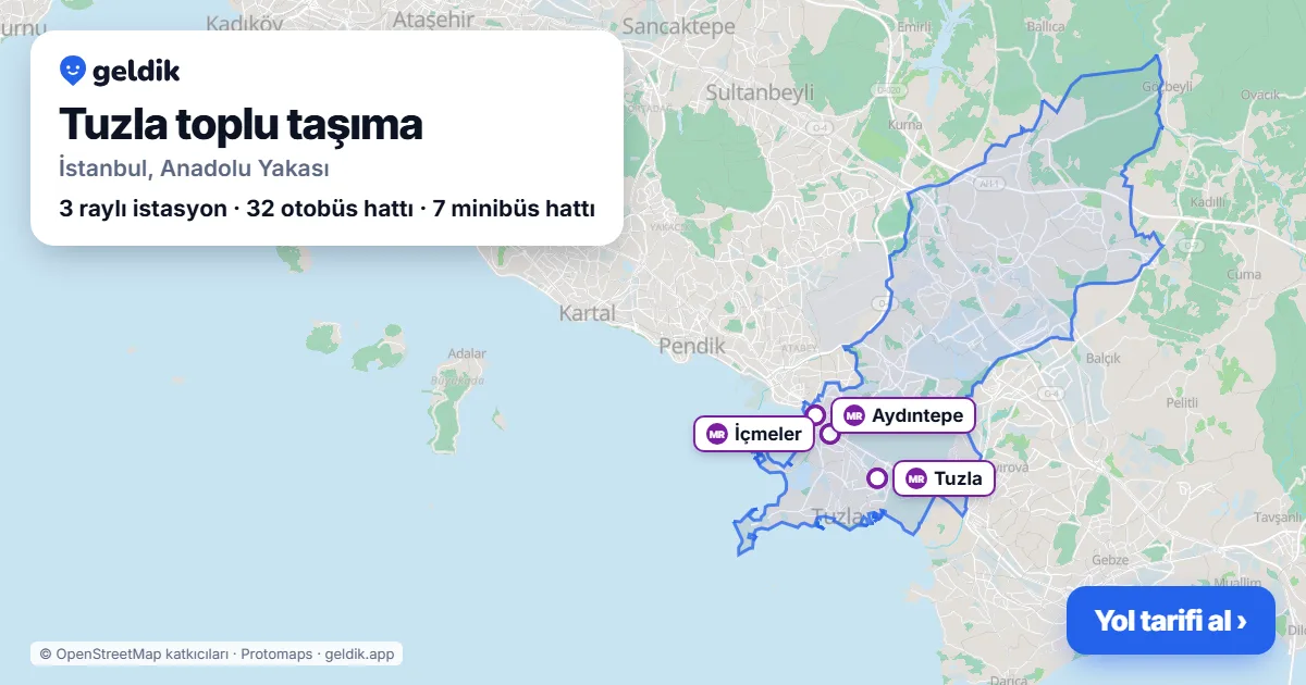 Tuzla toplu taşıma haritası: ilçe sınırı, raylı sistem istasyonları ve duraklar