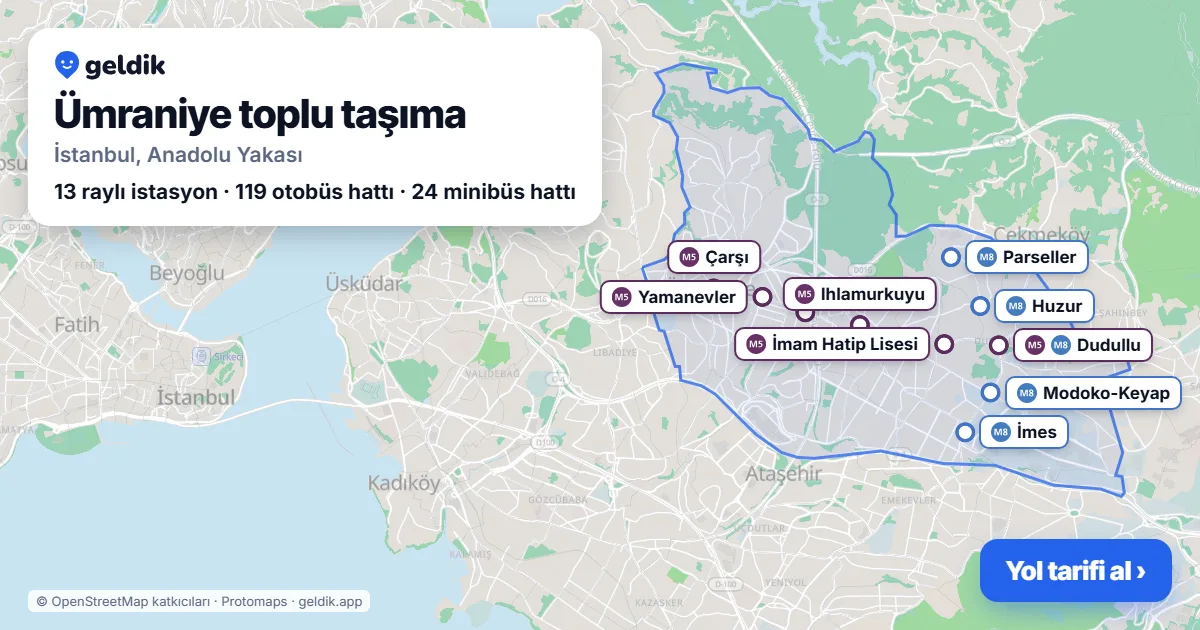 Ümraniye toplu taşıma haritası: ilçe sınırı, raylı sistem istasyonları ve duraklar