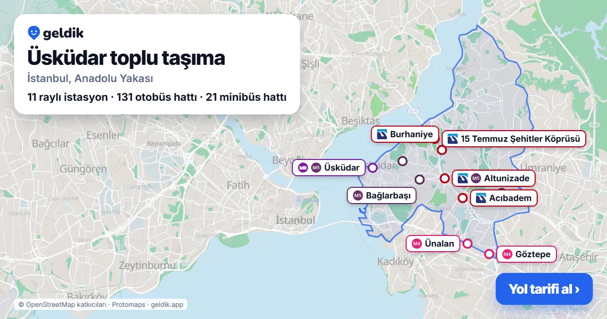 Üsküdar toplu taşıma haritası: ilçe sınırı, raylı sistem istasyonları ve duraklar