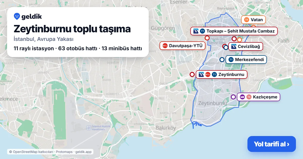 Zeytinburnu public transport map: district boundary, rail stations and stops