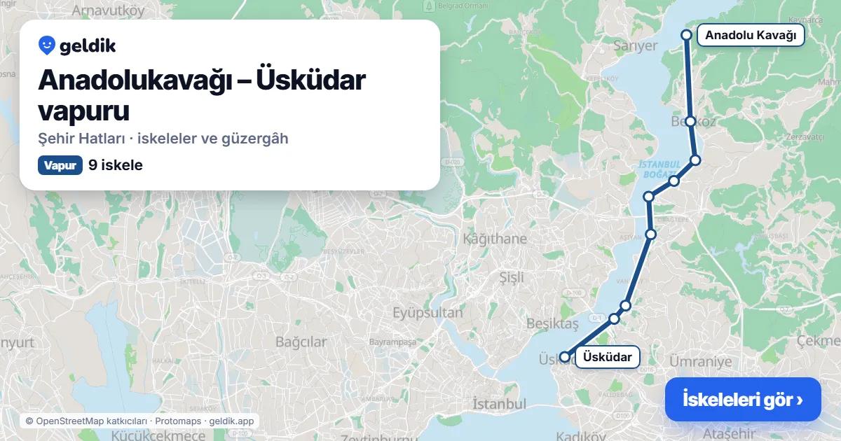 Anadolukavağı – Üsküdar vapur hattı haritası: Anadolu Kavağı, Beykoz, Paşabahçe, Çubuklu, Kanlıca, Anadolu Hisarı, Çengelköy, Beylerbeyi, Üsküdar iskeleleri