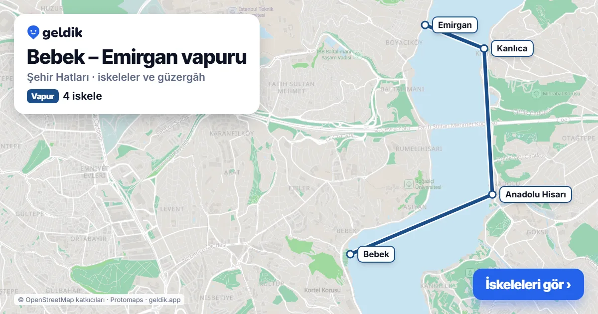 Bebek – Emirgan vapur hattı haritası: Bebek, Anadolu Hisarı, Kanlıca, Emirgan iskeleleri