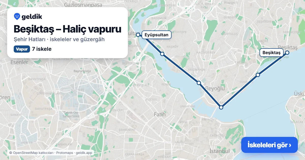 Beşiktaş – Haliç vapur hattı haritası: Beşiktaş (Tarihi), Kabataş, Karaköy, Kasımpaşa, Hasköy, Sütlüce, Eyüpsultan iskeleleri