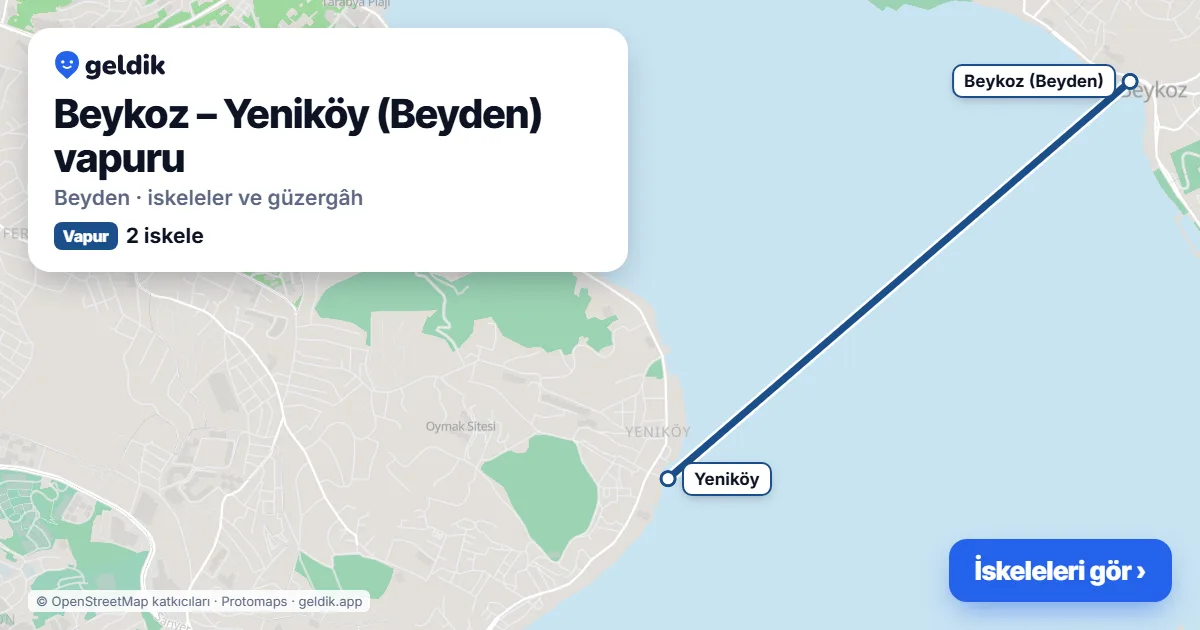 Beykoz – Yeniköy (Beyden) vapur hattı haritası: Beykoz (Beyden), Yeniköy iskeleleri