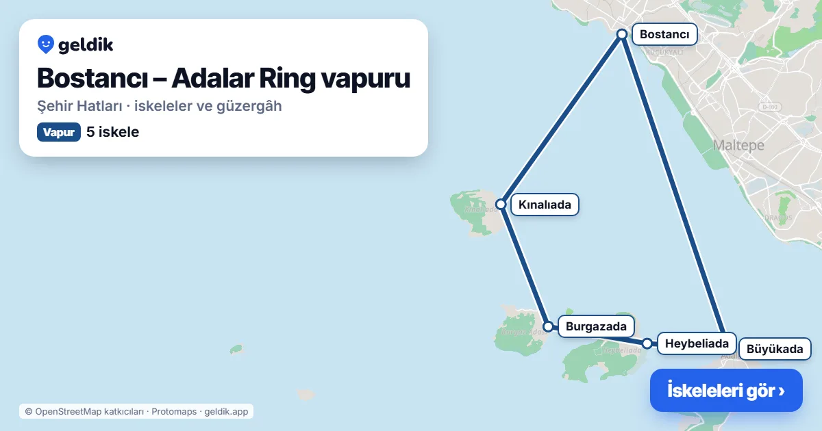 Bostancı – Adalar Ring vapur hattı haritası: Bostancı, Kınalıada, Burgazada, Heybeliada, Büyükada iskeleleri